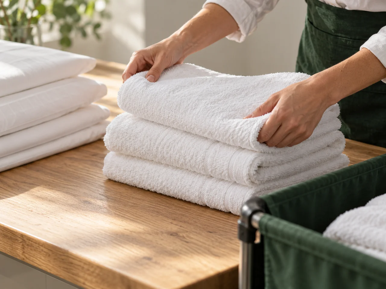 Illustration of hands folding clean towels beside fresh linen
