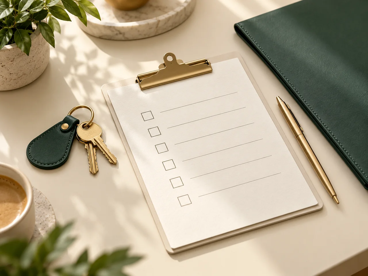 Illustration of keys, a blank checklist and a document folder