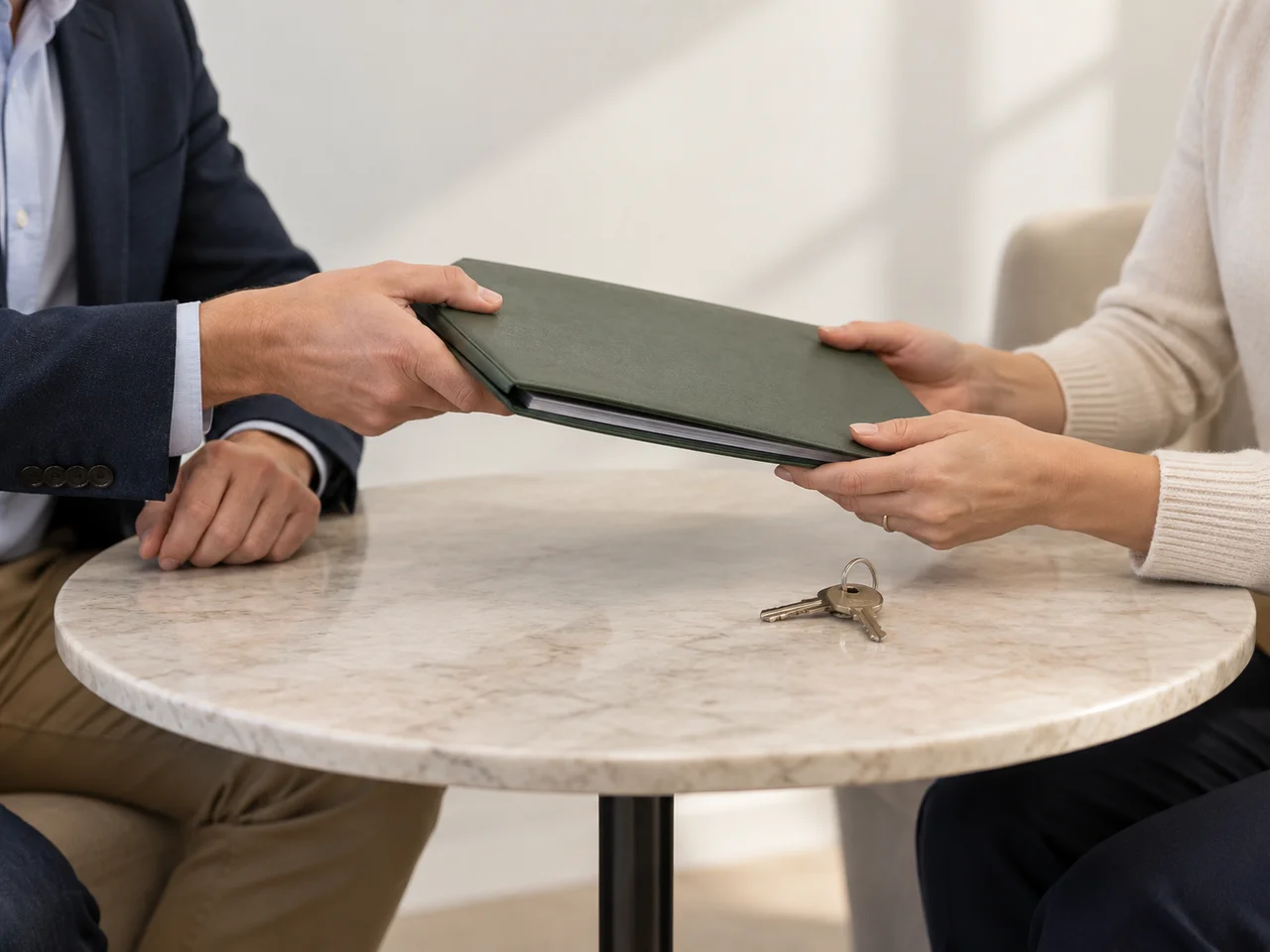 Illustration of two people handing over a property folder with keys on the table